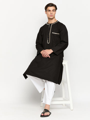 Black Solid Cotton Fabric Embroidery Details Men's Kurta Pajama Set