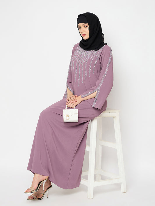 Nabia Pink Solid Crush Nida Luxury Abaya Burqa For Women With Hand Work Detailing