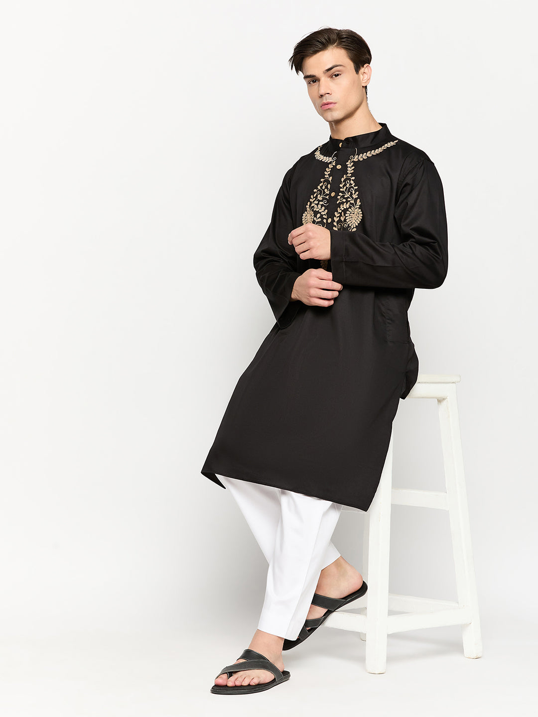 Embroidery Details Solid Black Kurta and White Pajama Set