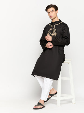 Embroidery Details Solid Long Sleeves Black Kurta For Men