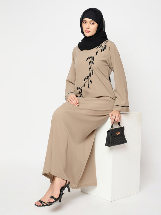 Nabia Beige Solid Luxury Abaya Burqa For Women With Hand Work Detailing