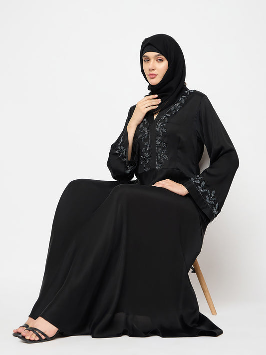 Hand Work Detailing Black Solid Luxury Abaya Burqa With Black Georgette Hijab