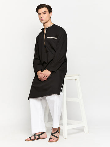 Black Solid Embroidery Details Men's Kurta With Long Sleeves