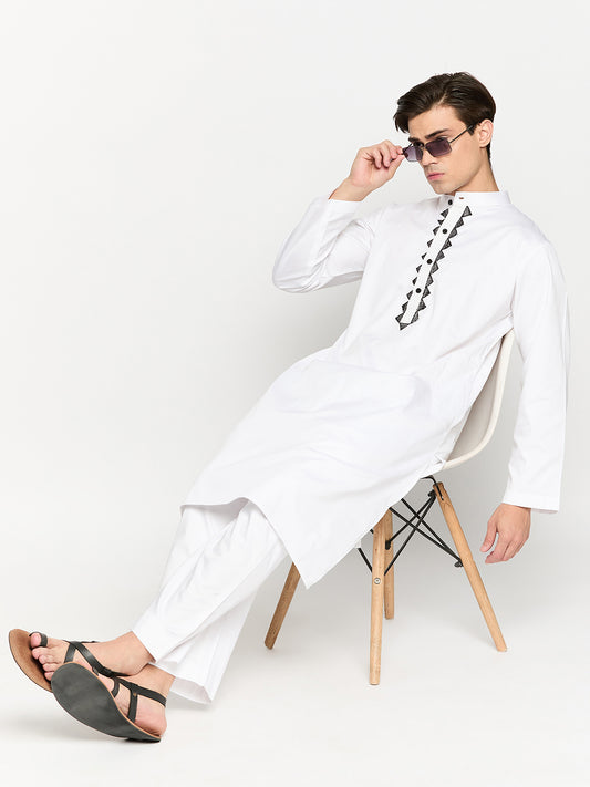 Embroidery Details Cotton Fabric Men's White Kurta Pajama Set