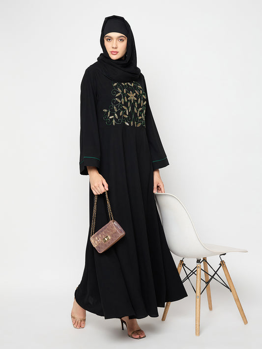 Hand Work Detailing Black Solid Luxury Abaya Burqa for Women With Black Hijab