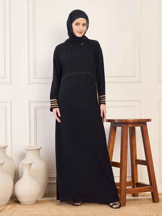 Nabia Black Solid Piping Detailing Aline Abaya Burqa For Women With Black Georgette Hijab