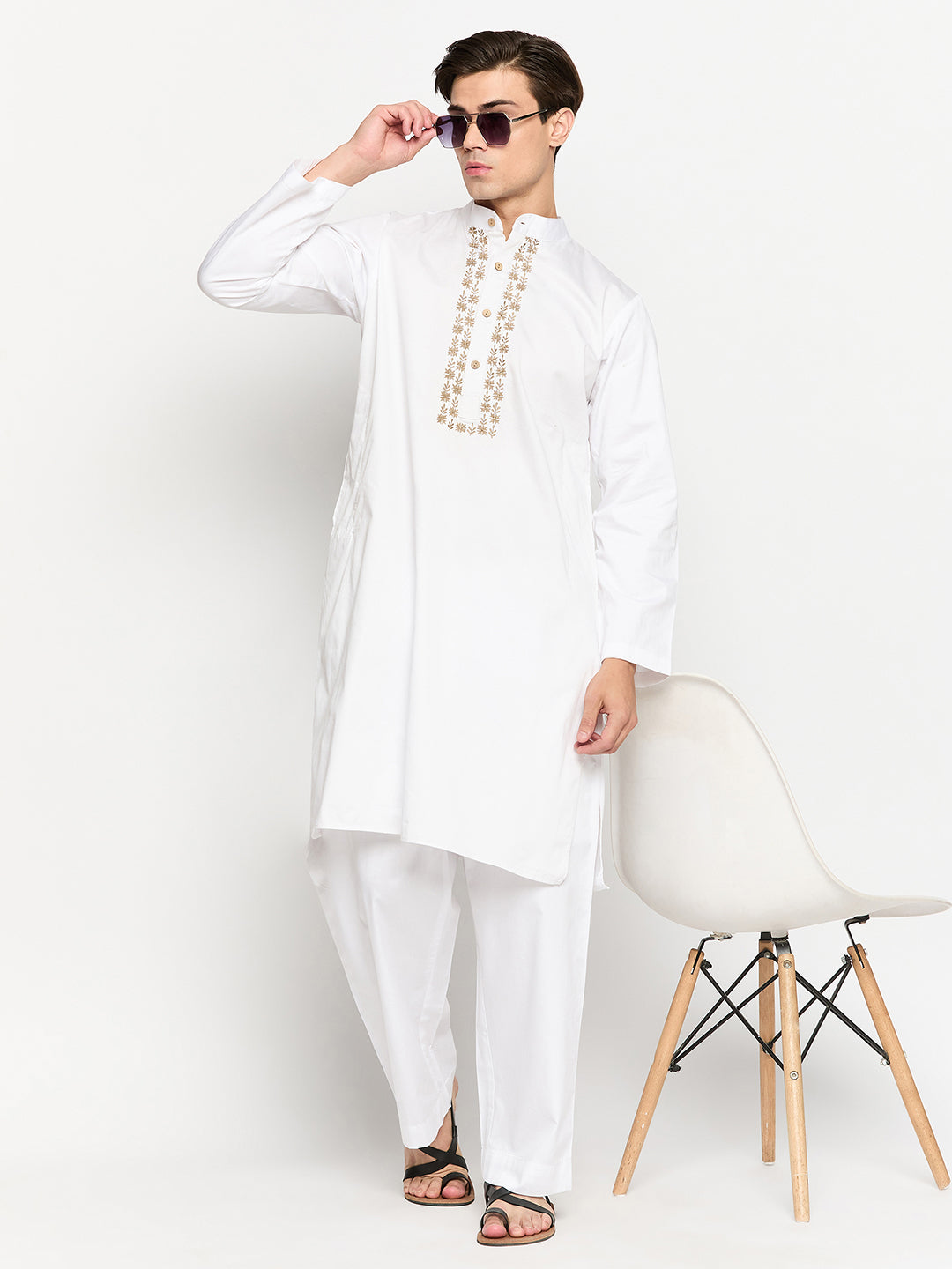 White Solid Cotton Fabric Embroidery Details Men's Kurta Pajama Set