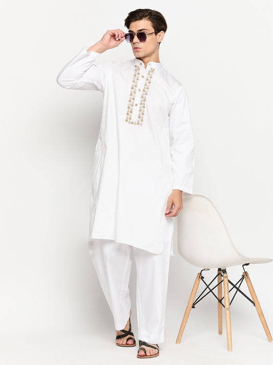 White Solid Cotton Fabric Embroidery Details Men's Kurta Pajama Set