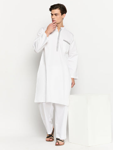 Thread Design White Solid Kurta For Men