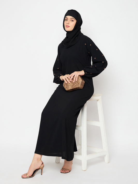 Nabia Crush Nida Black Solid Luxury Abaya Burqa For Women With Hand Work Detailing