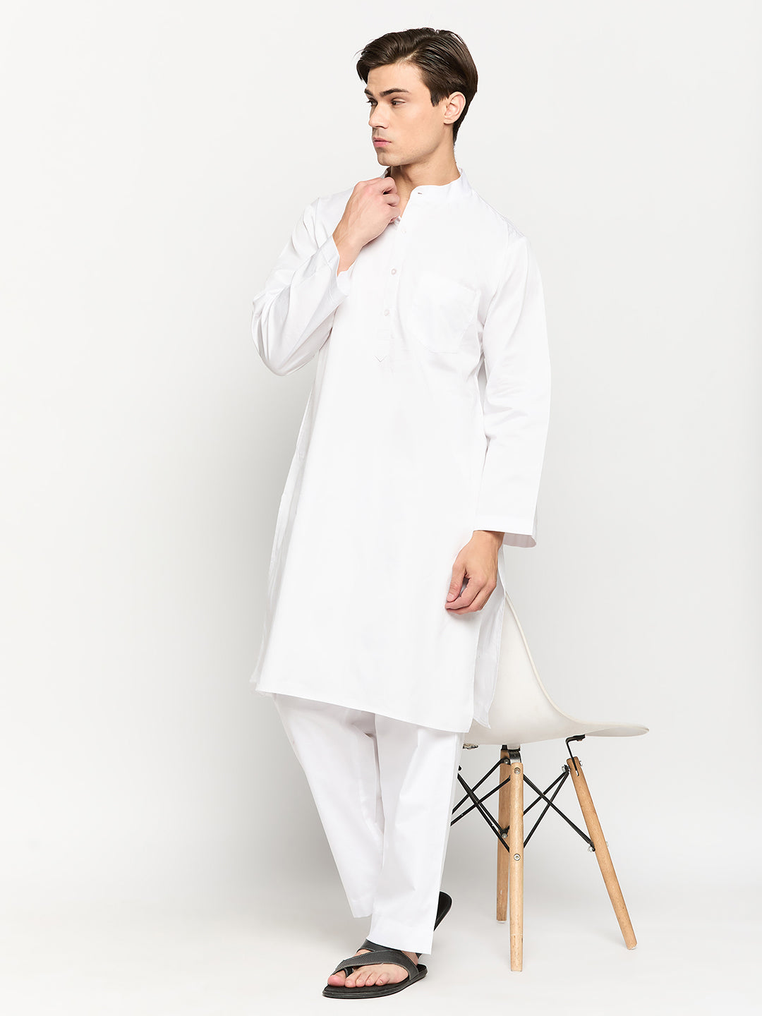 Cotton Fabric White Solid Kurta Pajama Set For Men