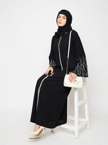 Nabia Women Black Solid Luxury Abaya Burqa With Hand Work Detailing