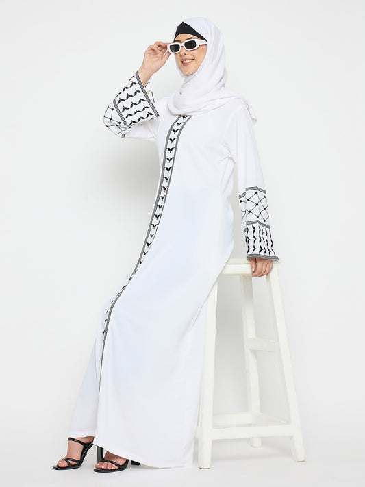 Nabia Kefiyyeh Embroidery Solid White Abaya Burqa With Black Hijab