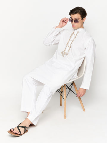 White Solid Cotton Fabric Men's Kurta Pajama Set