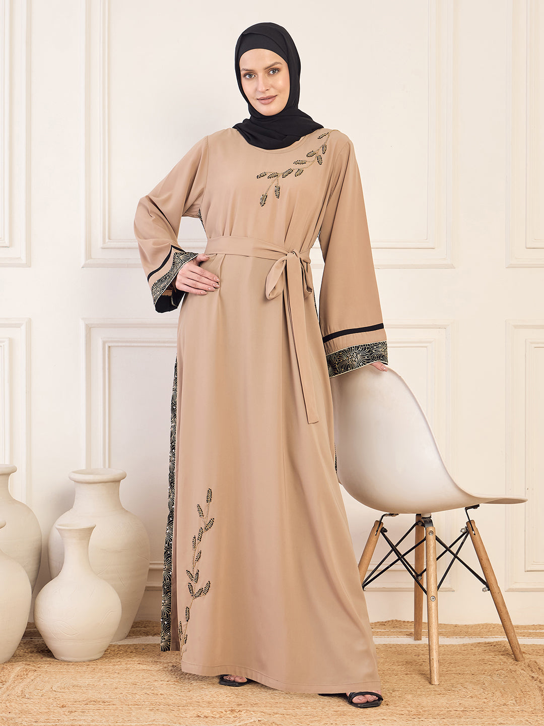 Nabia Beige Solid Luxury Handworked Abaya Burqa for Women with Black Hijab