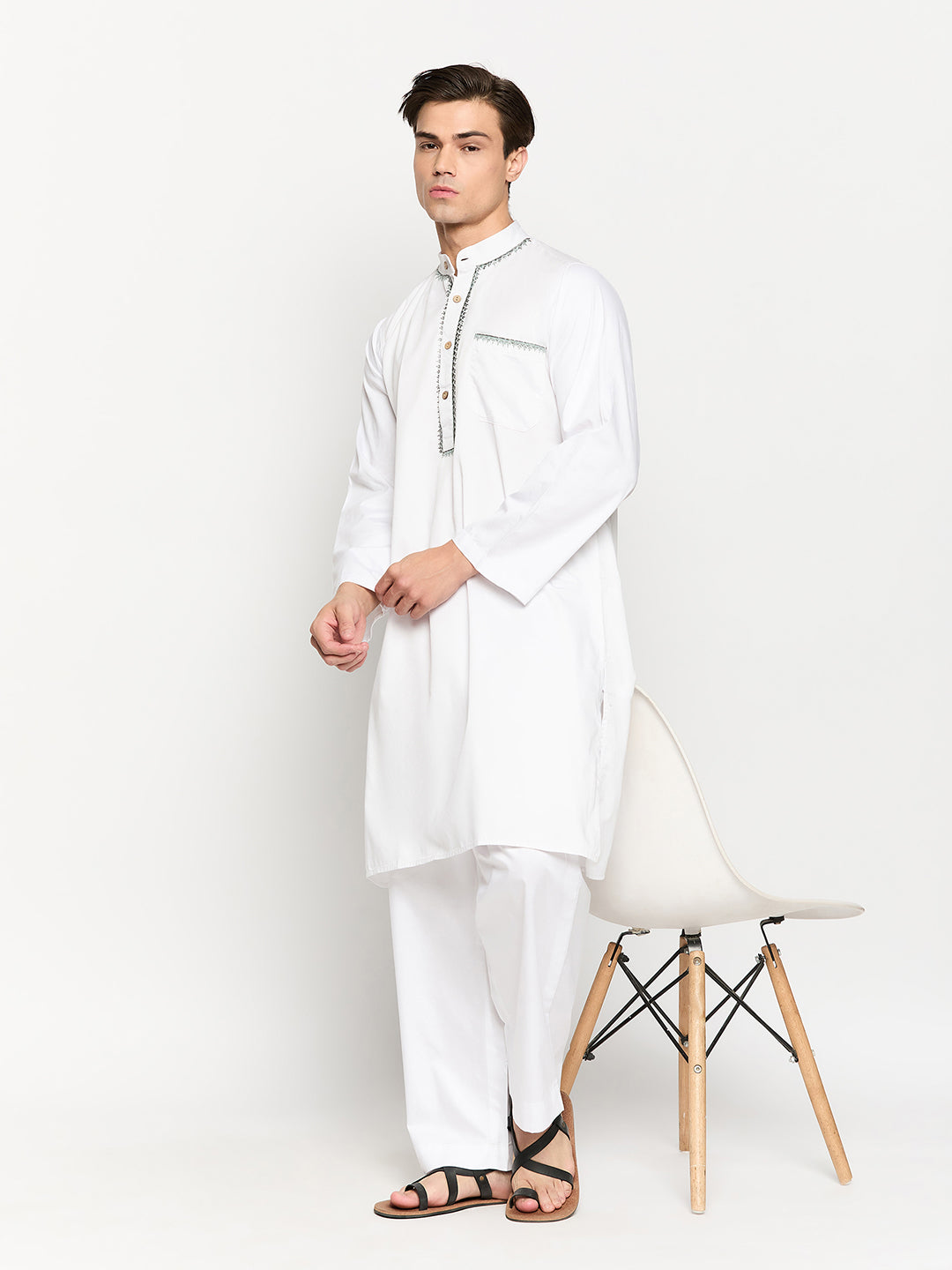 White Solid Embroidery Details Mens Kurta Pajama Set