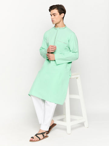 Sea Green Solid Embroidery Details Kurta For Men