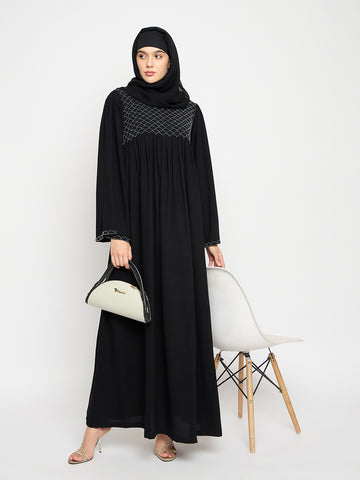 Nabia Black Solid Luxury Abaya Burqa with Hand Work Detailing for Women