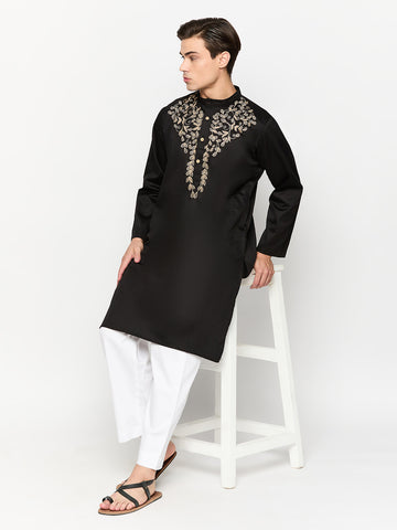 Black Solid Embroidery Details Kurta For Men