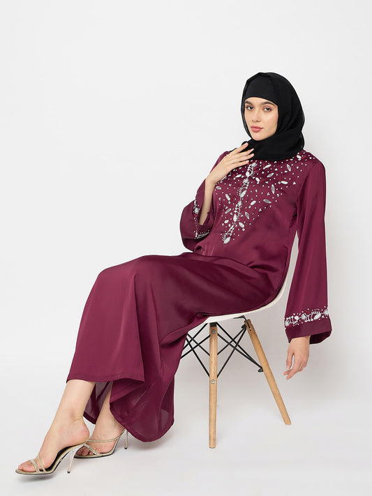 Hand Work Detailing Maroon Solid Luxury Abaya Burqa For Women With Black Georgette Hijab