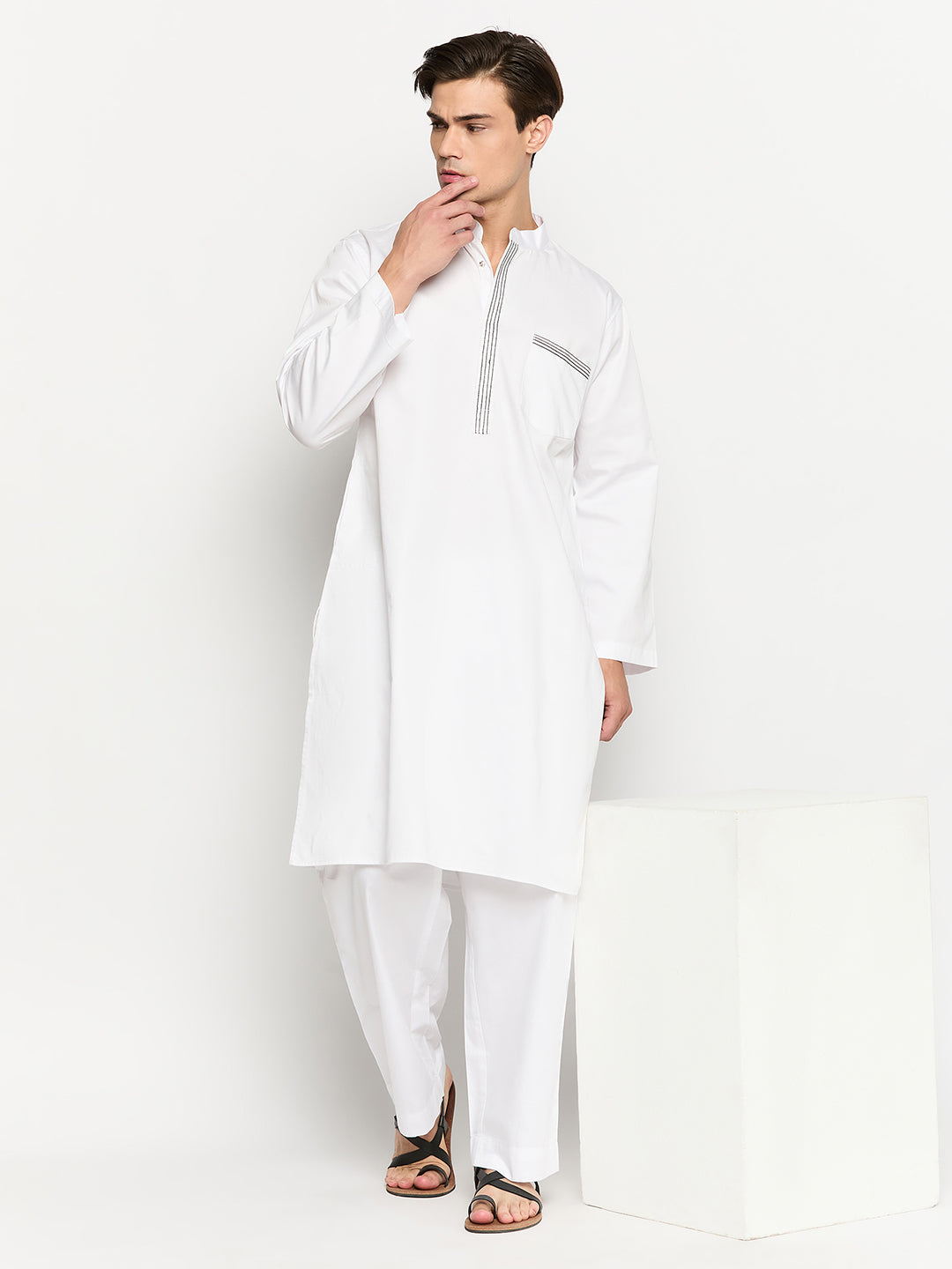 Cotton Fabric Thread Design White Kurta Pajama Set For Men