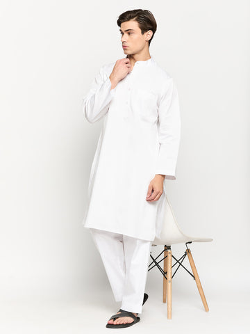 White Solid Men's Kurta With Mandarin Collar