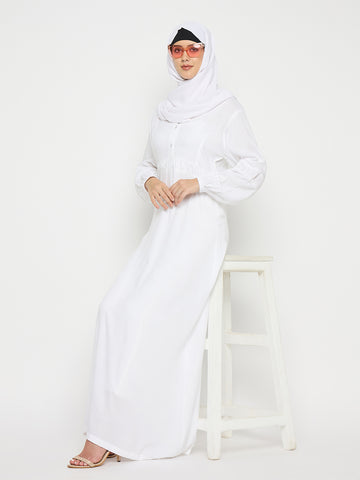 White Rayon V-Neck Solid Abaya with Black Hijab for Women