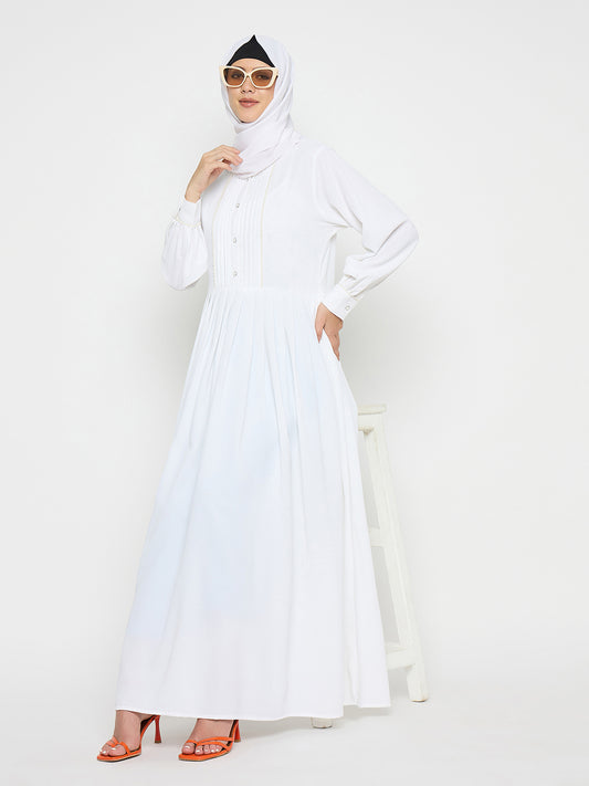 White Solid Embroidery Cuff Sleeve Abaya Burqa For Women With Black Hijab