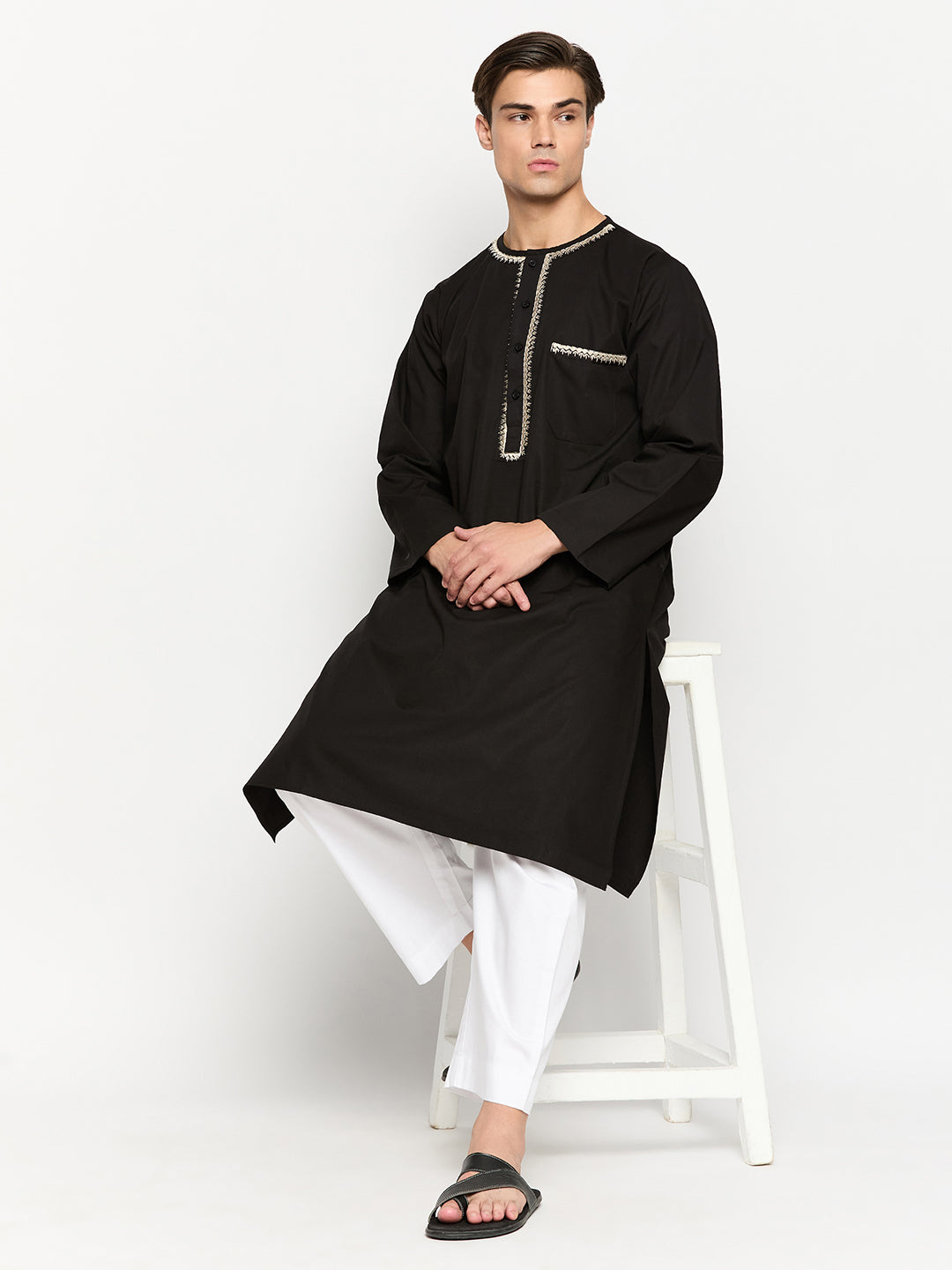 Black Solid Embroidery Details Men's Kurta