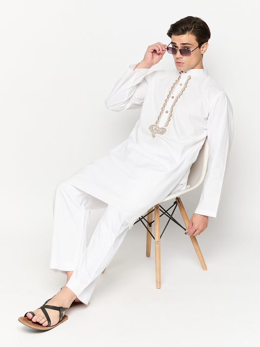 White Solid Men's Kurta With Embroidery Details