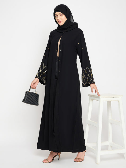 Nabia Nida Matte Black Solid Luxury Abaya Burqa For Women With Hand Work Detailing