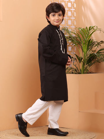 Nabia Black Solid Embroidered Kurta Pajama Set For Kids Boys