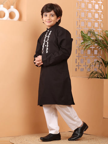 Nabia Black Solid Embroidered Kurta Pajama Set For Kids Boys