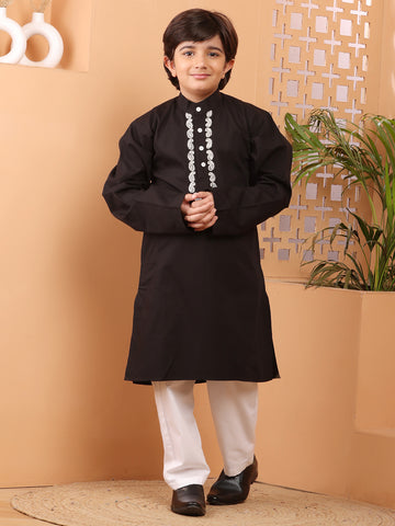 Nabia Black Solid Embroidered Kurta Pajama Set For Kids Boys