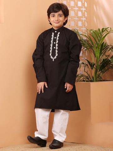 Nabia Black Solid Embroidered Kurta Pajama Set For Kids Boys