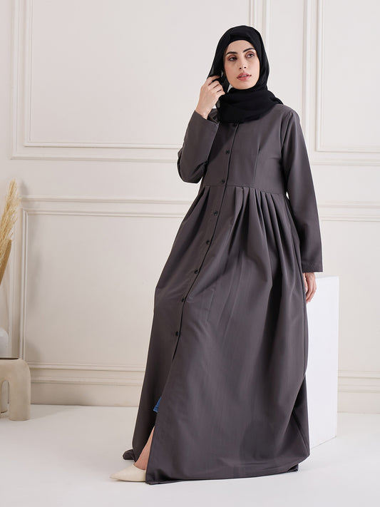 Nabia Women Grey Solid Front Open Abaya Burqa With Black Georgette Hijab