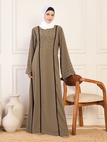 Nabia Oat(Khaki) Solid Luxury Handwork & Black Piping Detailing Abaya Burqa for Women With White Hijab