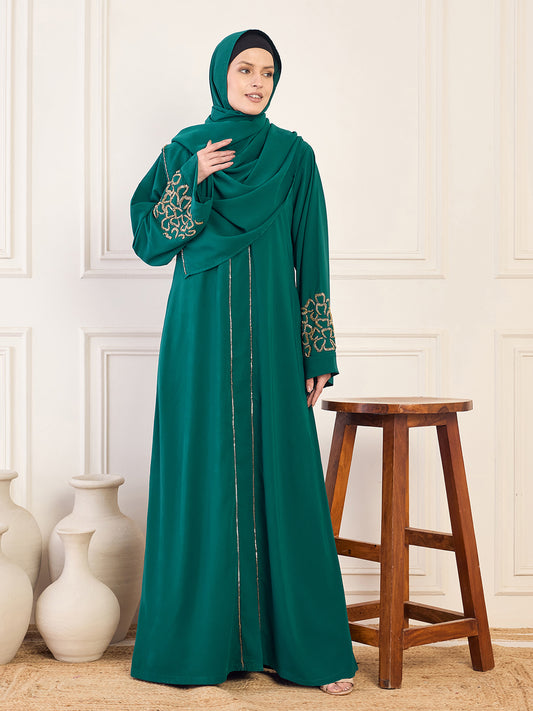 Nabia Bottle Green Solid Hand Work Detailing Front Open Luxury Abaya Burqa For Women With Matching Hijab