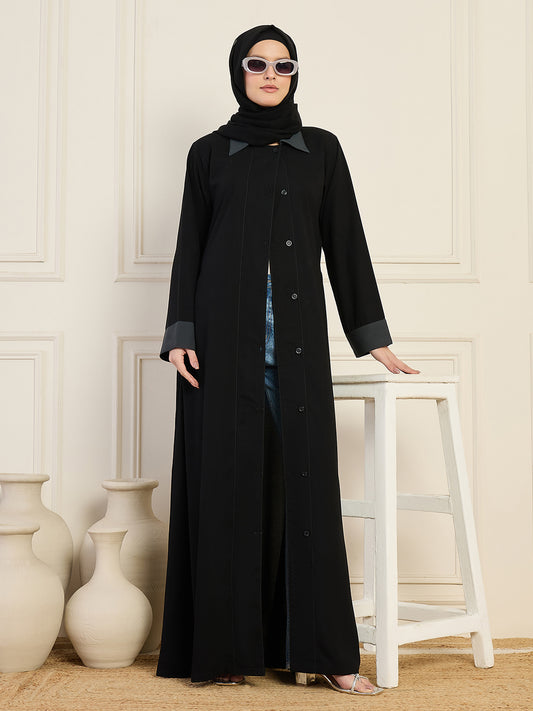 Nabia Women's Black Solid Front-Open Collared Abaya with Black Georgette Hijab