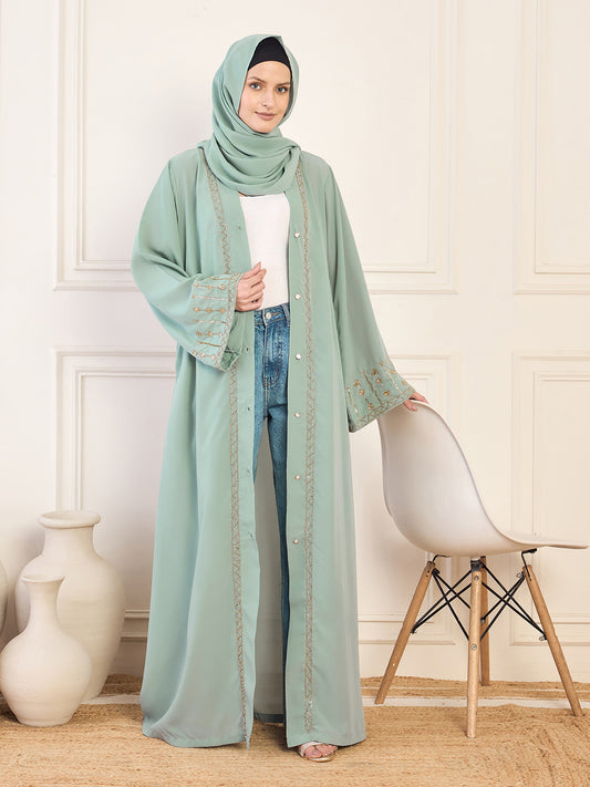 Nabia Sea Green Solid Hand Work Detailing Luxury Front Open Abaya Burqa For Women With Matching Hijab