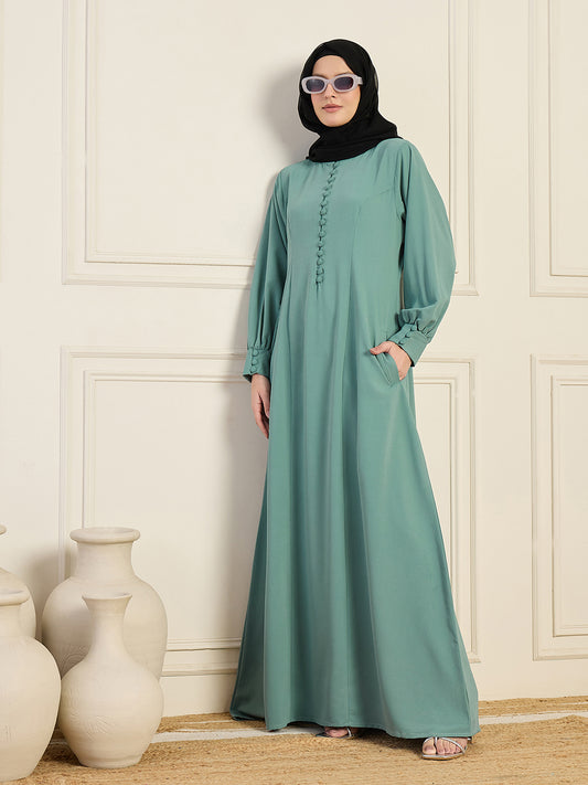 Nabia Sea Green Aline Abaya Burqa With Black Georgette Hijab