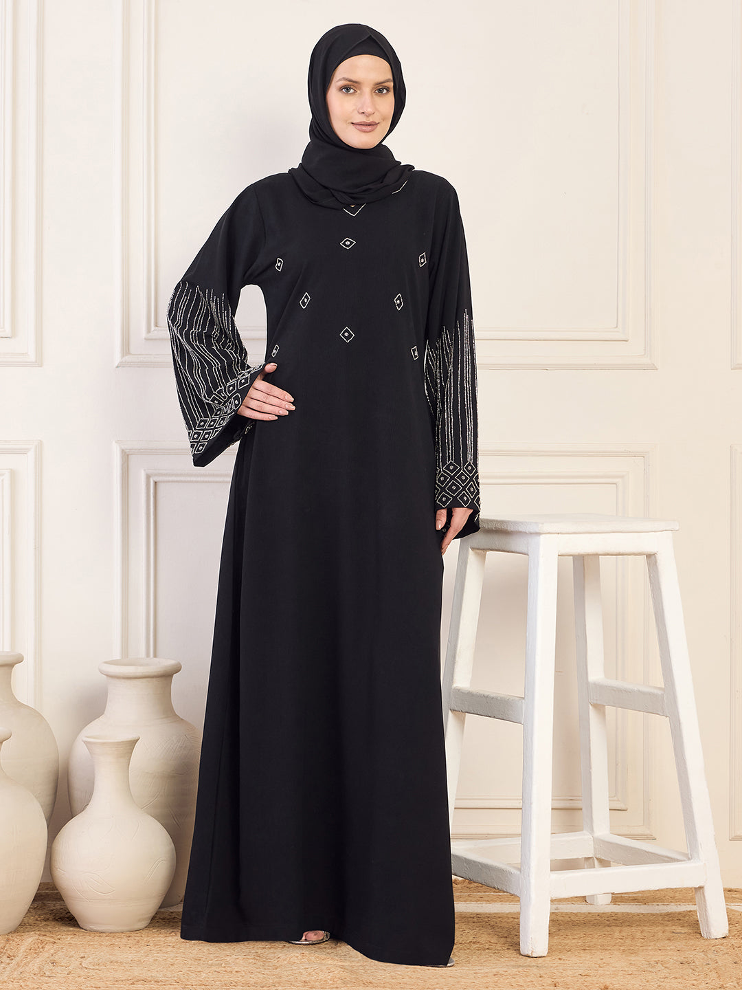 Nabia Black Solid Luxury Handworked Abaya Burqa for Women with Black Hijab