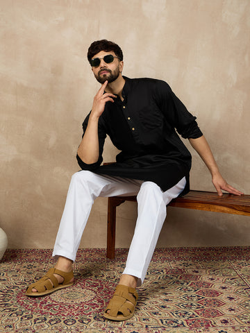 Nabia Black Solid Mandarin Collar Cotton Kurta For Men