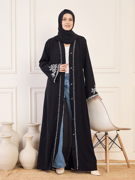 Nabia Black Solid Hand Work Detailing Front Open Luxury Abaya Burqa For Women With Black Hijab