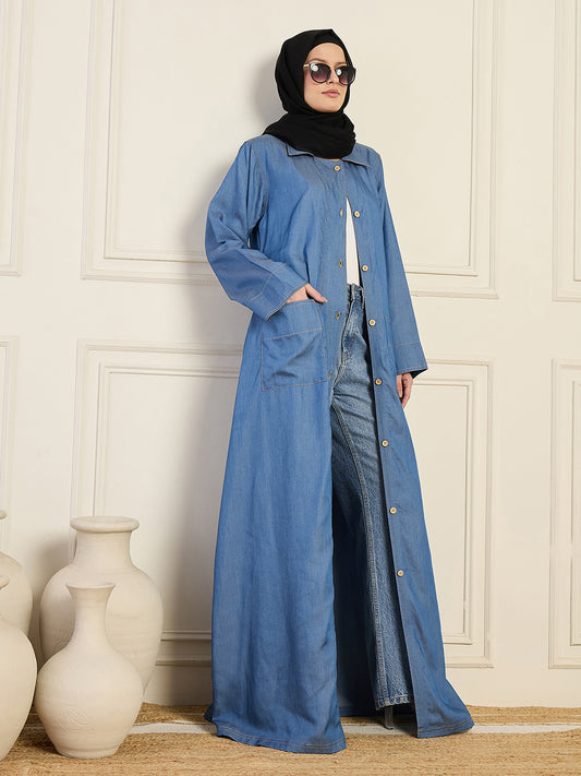 Nabia Women Blue Solid Front Open Denim Abaya With Black Georgette Hijab