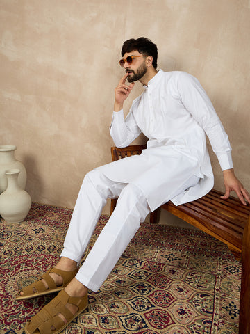 Nabia Solid White Cotton Kurta and Pajama Set for Men with Mandarin Collar