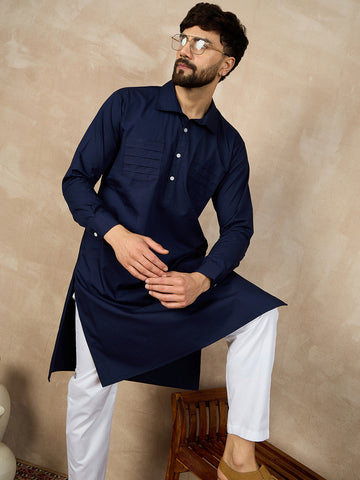 Nabia Solid Shirt Collar Blue Cotton Kurta and White Pajama Set for Men