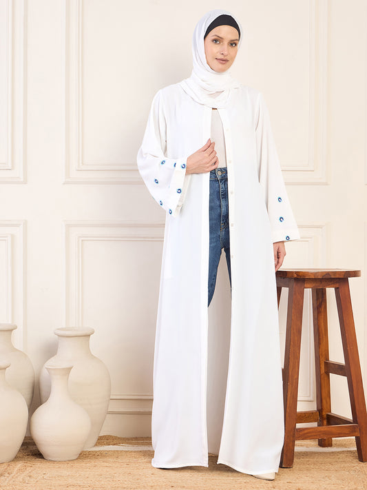 Nabia White Solid Hand Work Detailing Luxury Front Open Abaya Burqa For Women With Matching Hijab