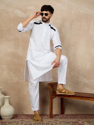 Nabia White Solid Mandarin Collar Cotton Kurta For Men