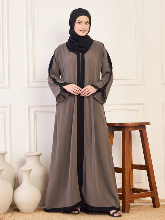 Nabia Grey Solid Aline Abaya Burqa With Black Georgette Hijab